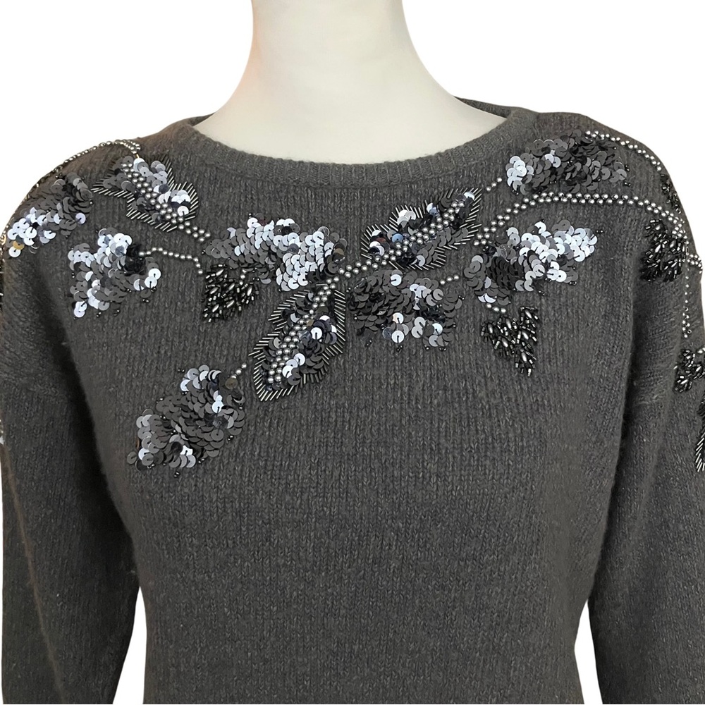 Vintage 80s 90s Sequins Beaded Grey Sweater. S/M. Silk Blend Retro Embellished - Picture 1 of 8